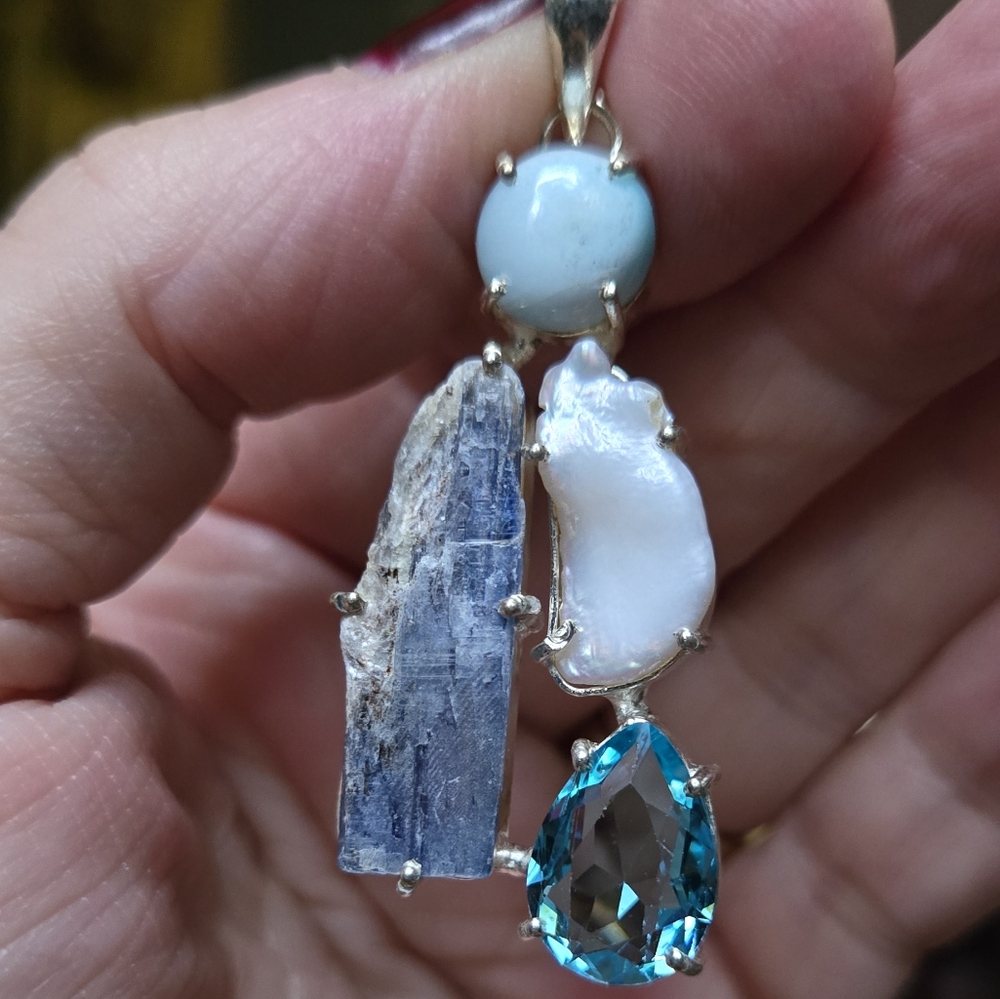 Larimar kyanite pearl & Topaz sterling silver pendant - Picture 5 of 7